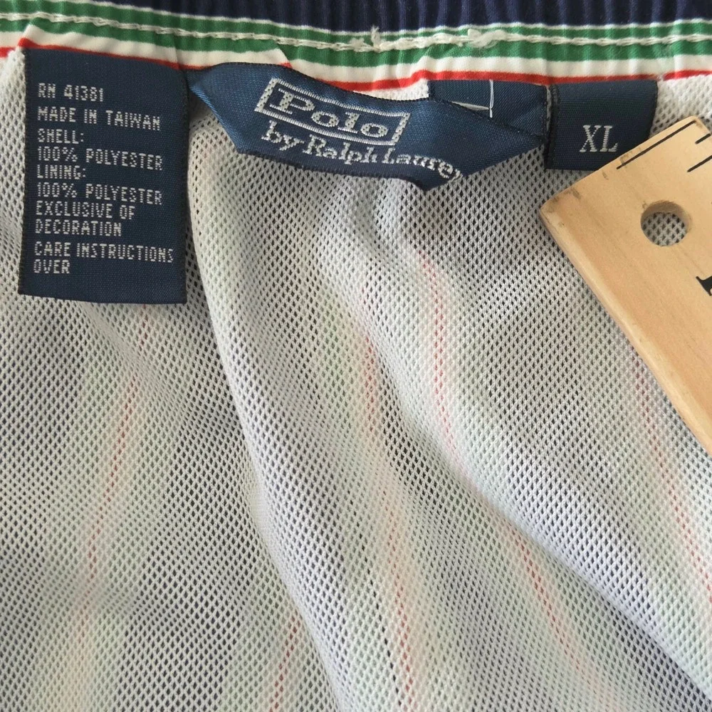 Polo Ralph Lauren Men Swim Trunks XL Navy Blue Green Red Striped Mesh Lined Pony